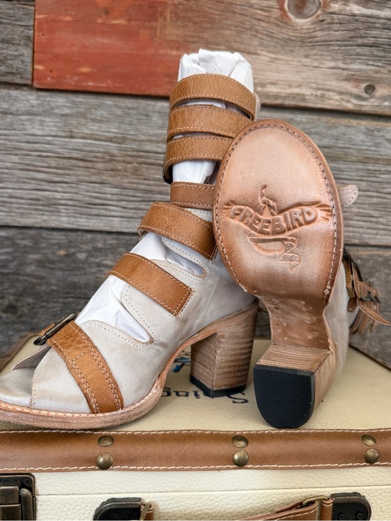 Freebird by Steven Shoes - Freebird Bonds - Beige and Tan Strappy Block Heel Sandals